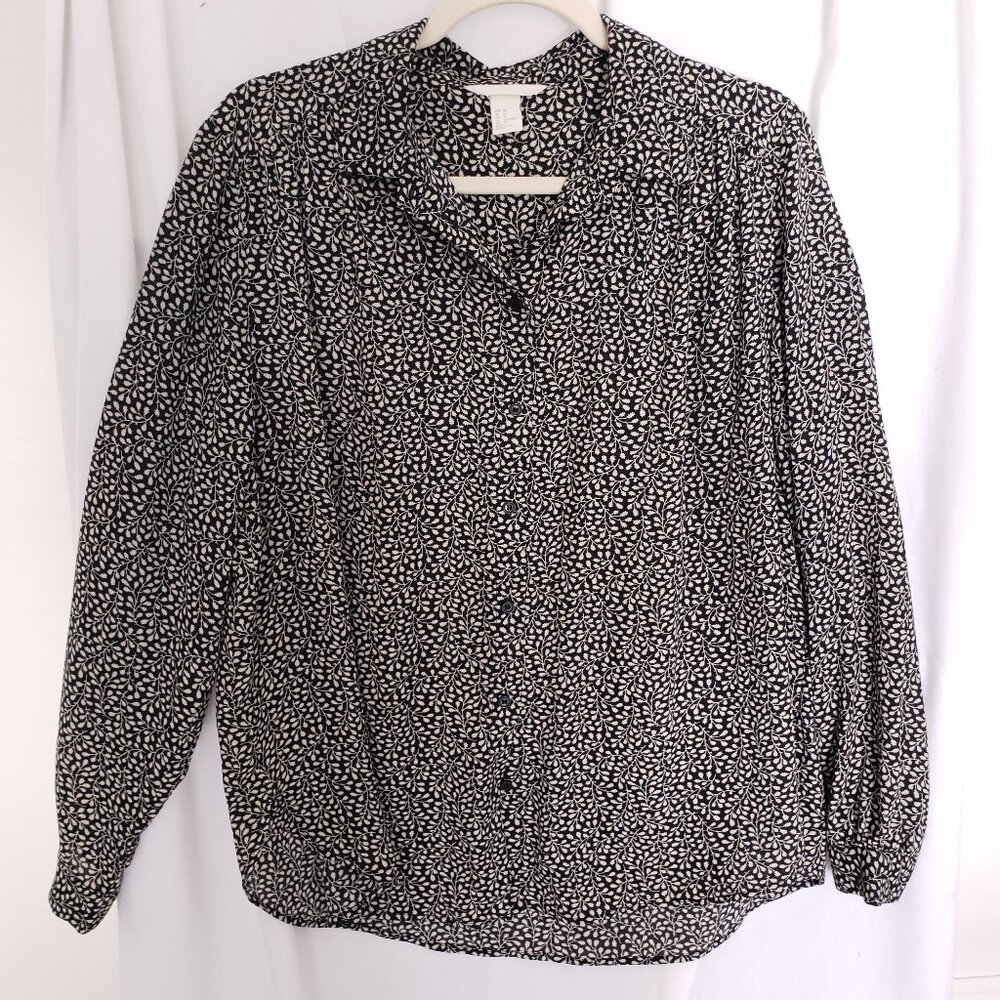 H&M Black and Beige Leaf Pattern Collar Button Up Long Sleeve Blouse Size 12